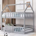 Okak 77IN Twin-Over-Twin Kids Bunk Bed with House Frame Decoration, Twin Bed with Fence and Door, Bed Frames for Kids Room, Play Room, Gray