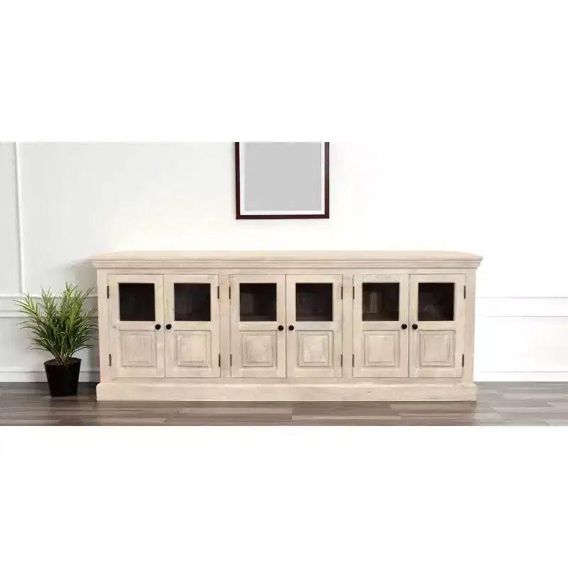 HomeRoots 93 Antiqued White Distressed Solid Wood Sideboard with Six Glass Doors