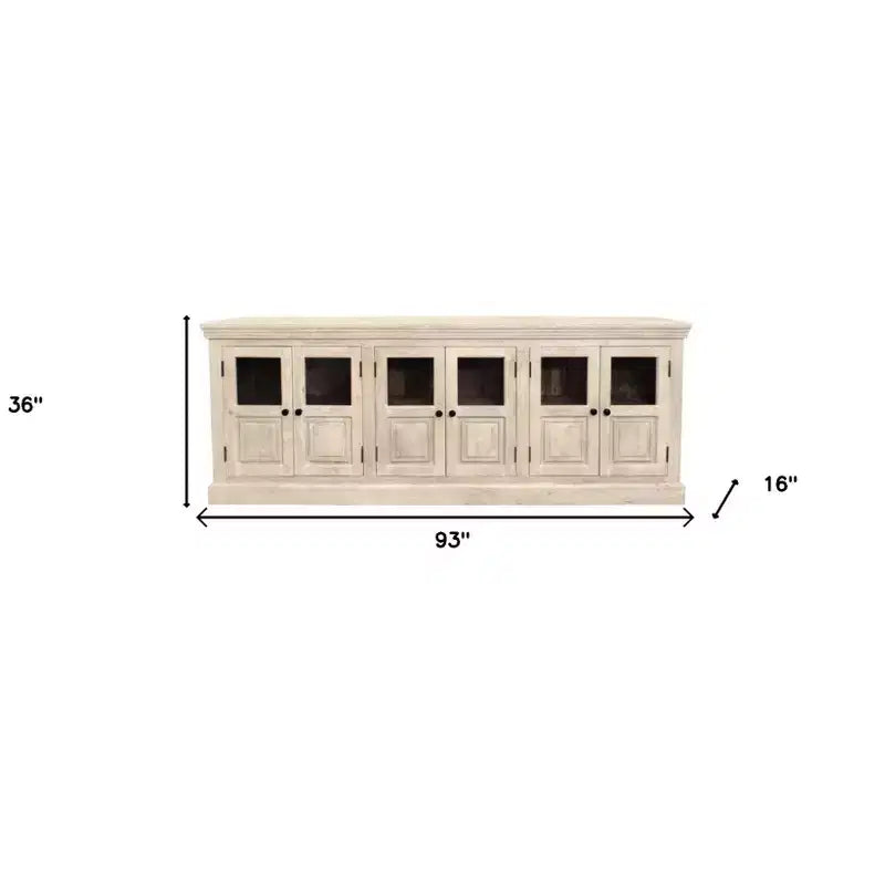 HomeRoots 93 Antiqued White Distressed Solid Wood Sideboard with Six Glass Doors