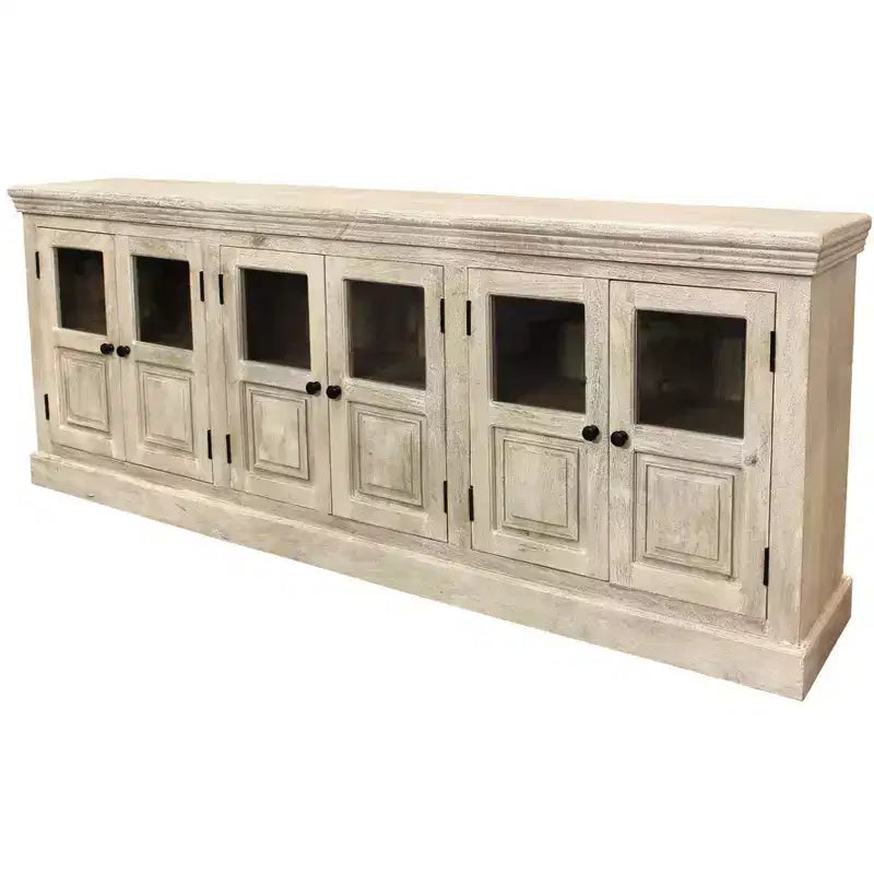 HomeRoots 93 Antiqued White Distressed Solid Wood Sideboard with Six Glass Doors