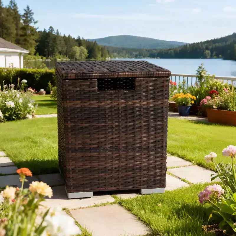 Rattan Propane Tank Cover, Outdoor Wicker Gas Bottle Cover, Durable Patio Gas Cylinder Hideaway Table for Garden, Deck, Backyard