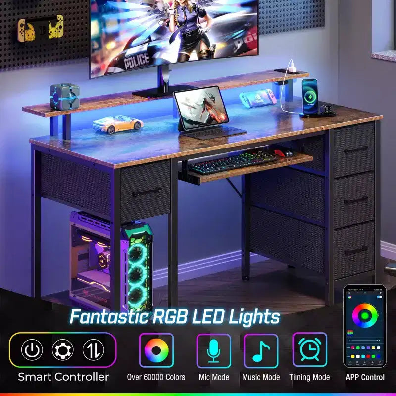 Greenstell Computer Desk with Monitor Shelf, Led Light & Charging Station, Home Office Desk with 4 Storage Drawers & Keyboard Tray