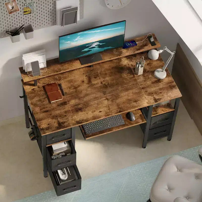 Greenstell Computer Desk with Monitor Shelf, Led Light & Charging Station, Home Office Desk with 4 Storage Drawers & Keyboard Tray