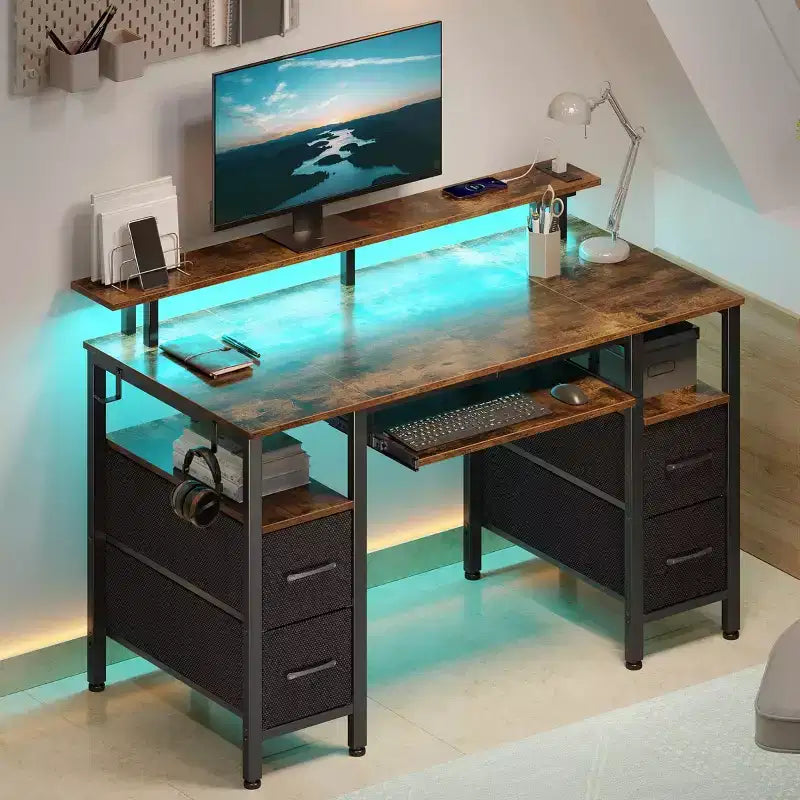 Greenstell Computer Desk with Monitor Shelf, Led Light & Charging Station, Home Office Desk with 4 Storage Drawers & Keyboard Tray