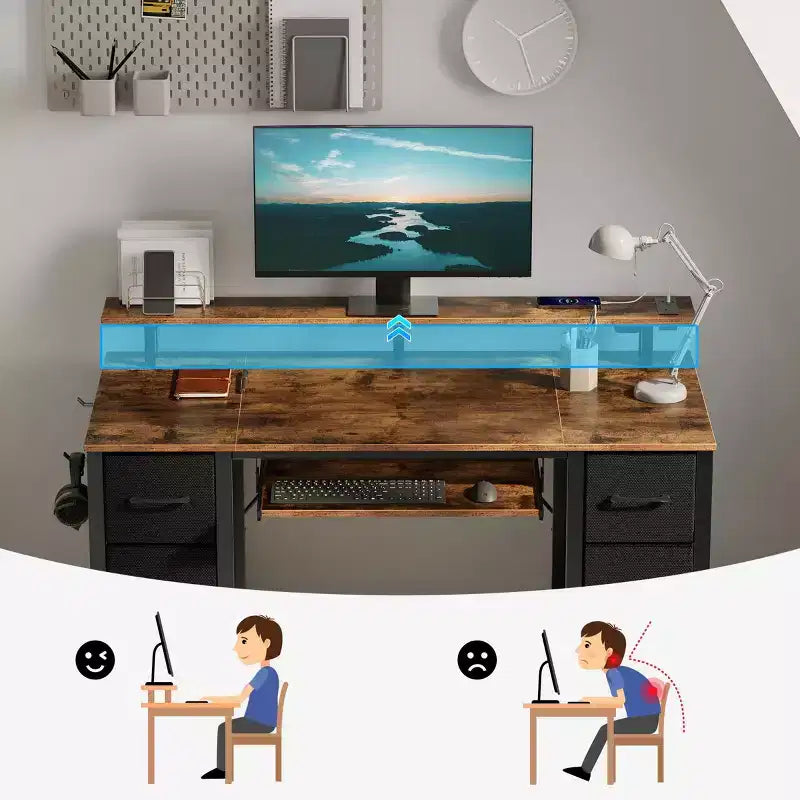 Greenstell Computer Desk with Monitor Shelf, Led Light & Charging Station, Home Office Desk with 4 Storage Drawers & Keyboard Tray