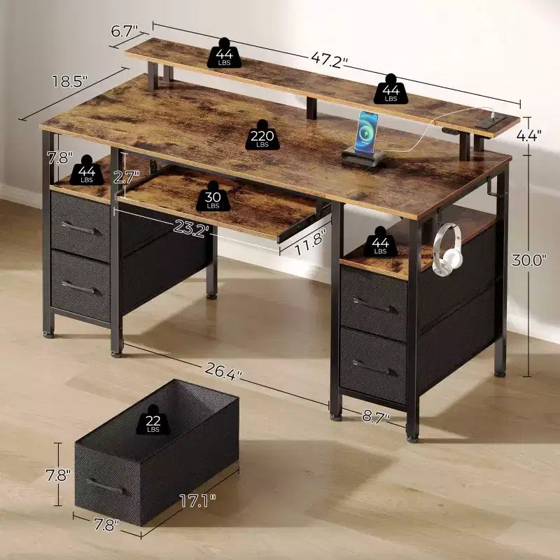 Greenstell Computer Desk with Monitor Shelf, Led Light & Charging Station, Home Office Desk with 4 Storage Drawers & Keyboard Tray