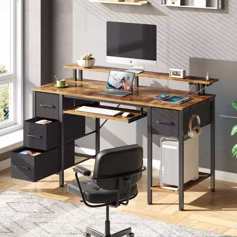 Greenstell Computer Desk with Monitor Shelf, Led Light & Charging Station, Home Office Desk with 4 Storage Drawers & Keyboard Tray