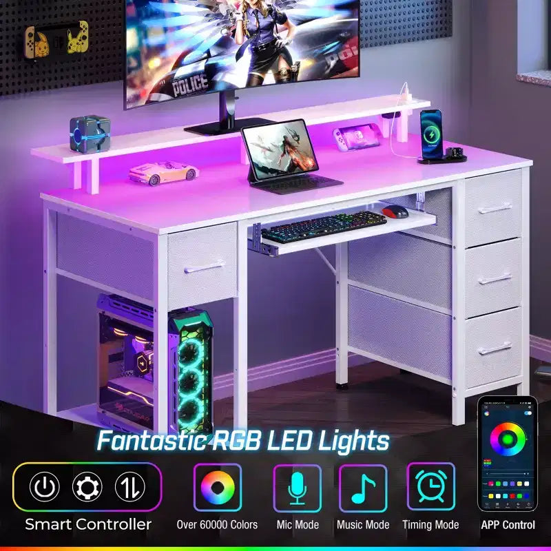 Greenstell Computer Desk with Monitor Shelf, Led Light & Charging Station, Home Office Desk with 4 Storage Drawers & Keyboard Tray