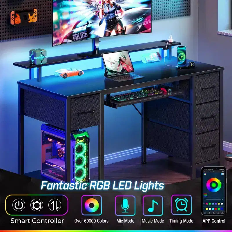 Greenstell Computer Desk with Monitor Shelf, Led Light & Charging Station, Home Office Desk with 4 Storage Drawers & Keyboard Tray