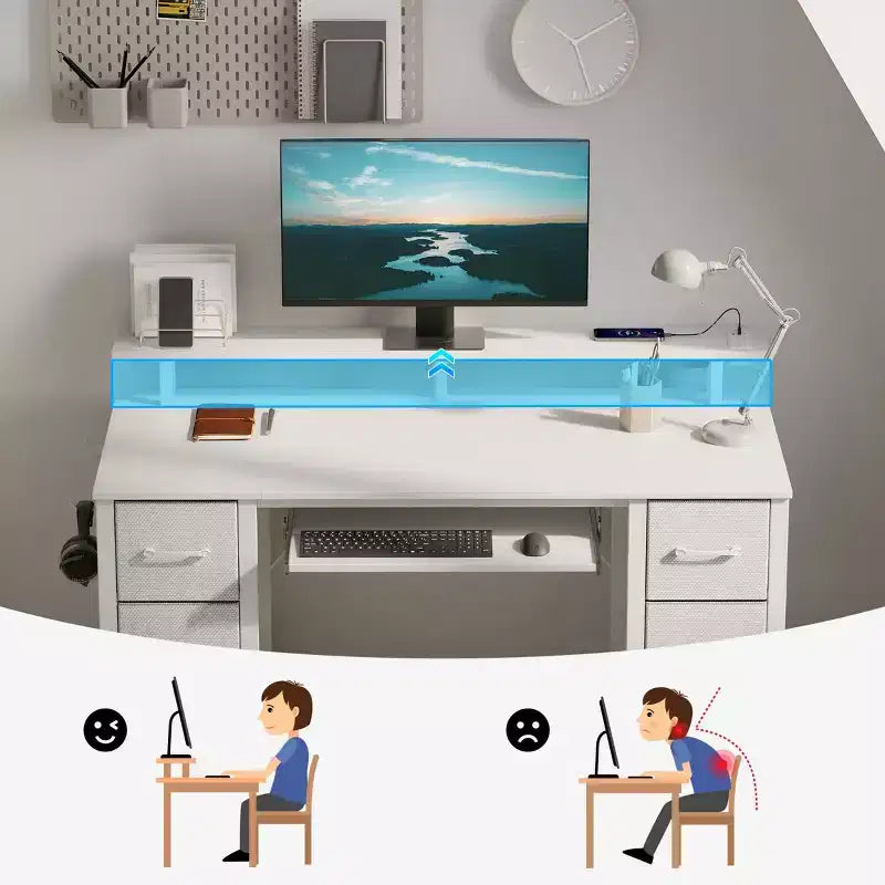Greenstell Computer Desk with Monitor Shelf, Led Light & Charging Station, Home Office Desk with 4 Storage Drawers & Keyboard Tray