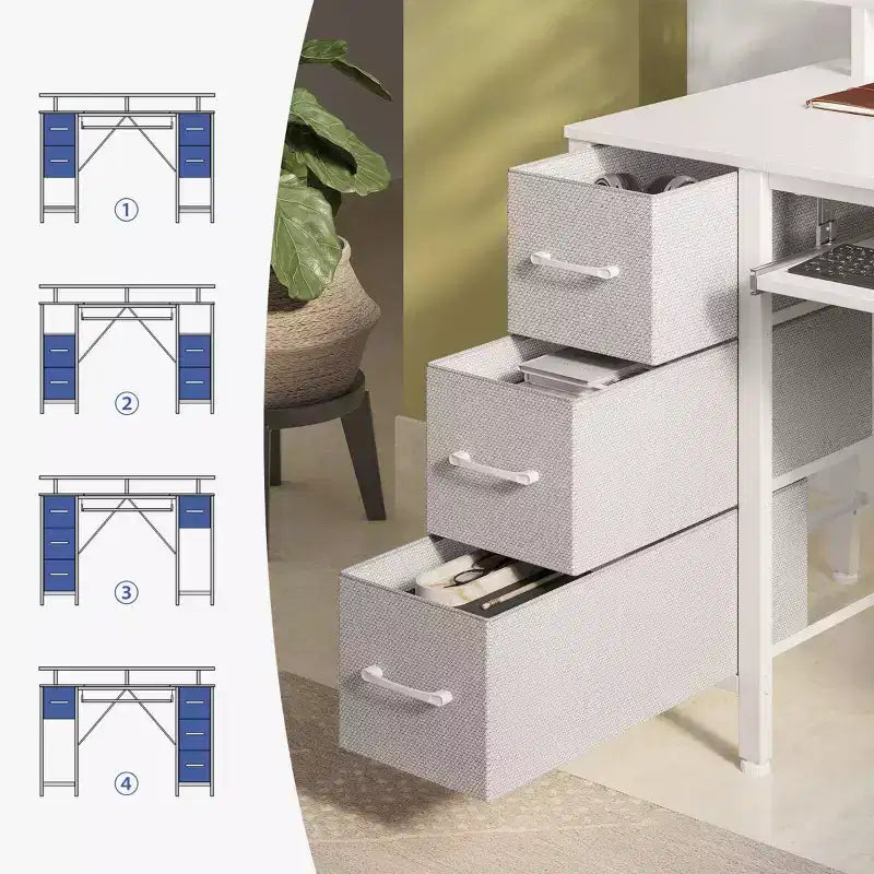 Greenstell Computer Desk with Monitor Shelf, Led Light & Charging Station, Home Office Desk with 4 Storage Drawers & Keyboard Tray