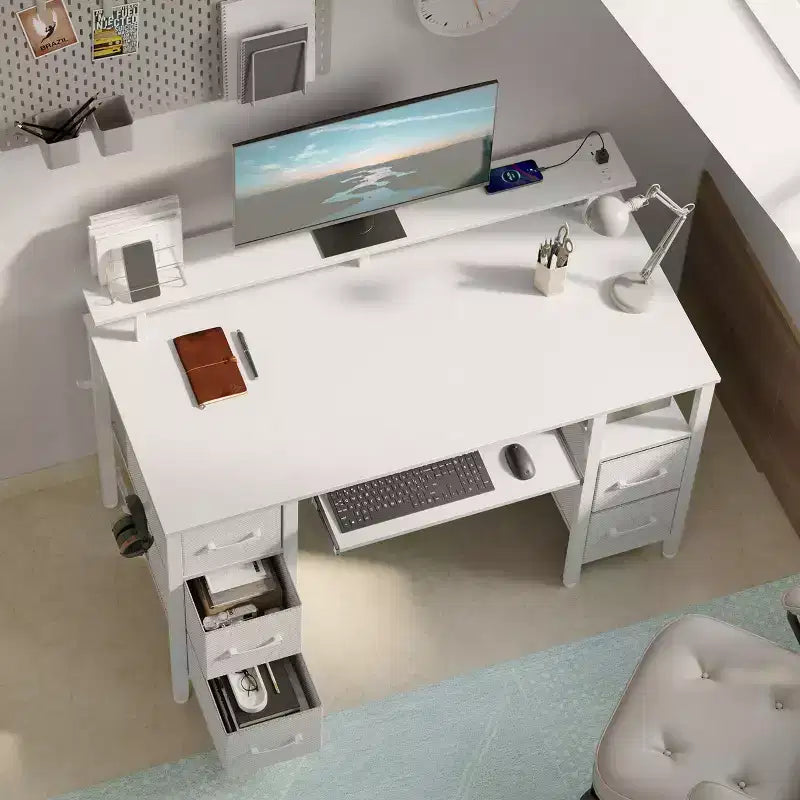 Greenstell Computer Desk with Monitor Shelf, Led Light & Charging Station, Home Office Desk with 4 Storage Drawers & Keyboard Tray