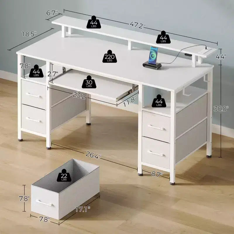 Greenstell Computer Desk with Monitor Shelf, Led Light & Charging Station, Home Office Desk with 4 Storage Drawers & Keyboard Tray