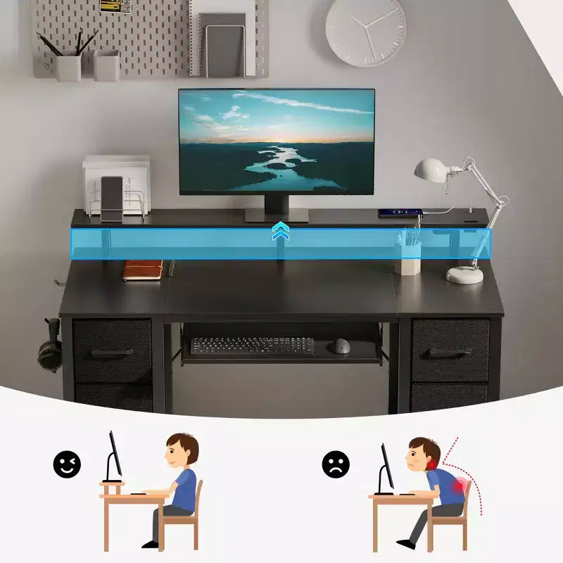Greenstell Computer Desk with Monitor Shelf, Led Light & Charging Station, Home Office Desk with 4 Storage Drawers & Keyboard Tray