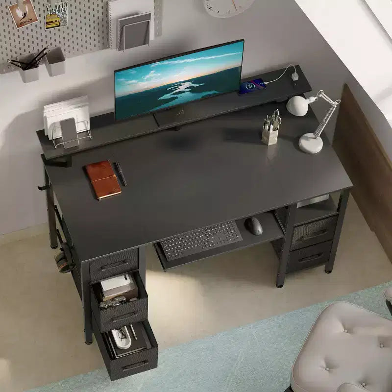 Greenstell Computer Desk with Monitor Shelf, Led Light & Charging Station, Home Office Desk with 4 Storage Drawers & Keyboard Tray