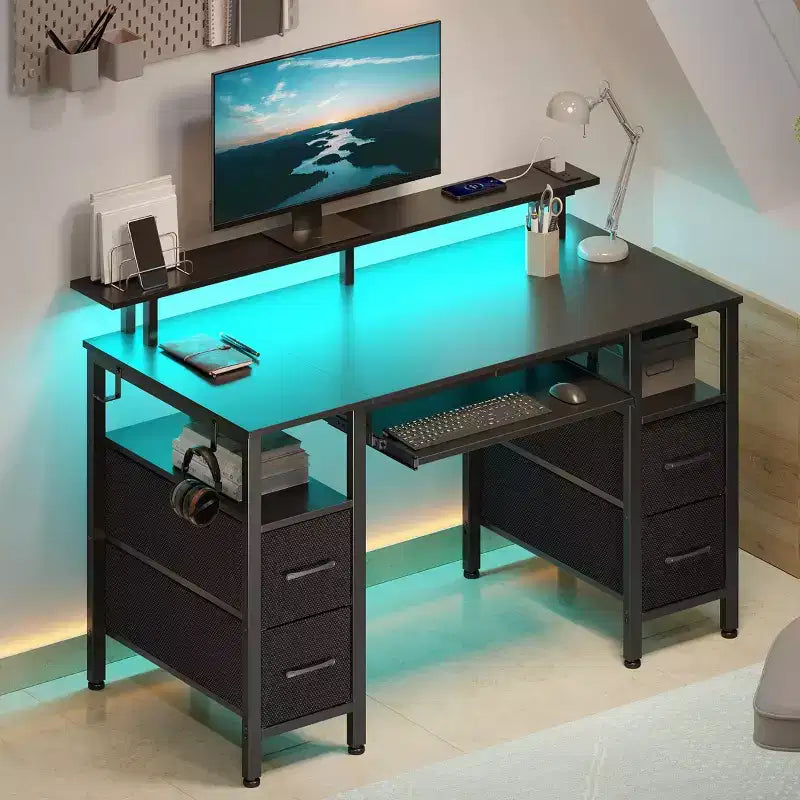Greenstell Computer Desk with Monitor Shelf, Led Light & Charging Station, Home Office Desk with 4 Storage Drawers & Keyboard Tray