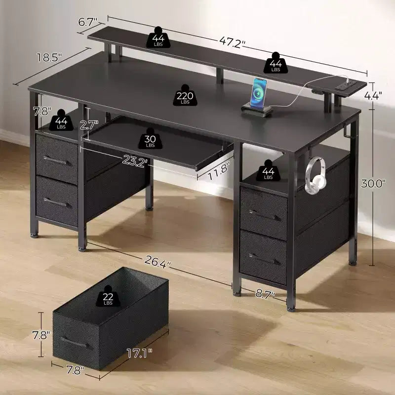 Greenstell Computer Desk with Monitor Shelf, Led Light & Charging Station, Home Office Desk with 4 Storage Drawers & Keyboard Tray