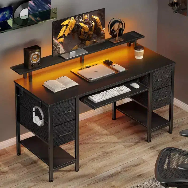 Greenstell Computer Desk with Monitor Shelf, Led Light & Charging Station, Home Office Desk with 4 Storage Drawers & Keyboard Tray
