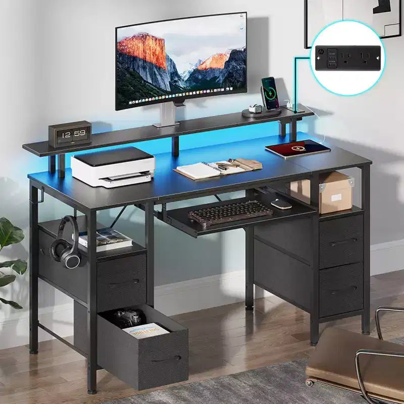 Greenstell Computer Desk with Monitor Shelf, Led Light & Charging Station, Home Office Desk with 4 Storage Drawers & Keyboard Tray