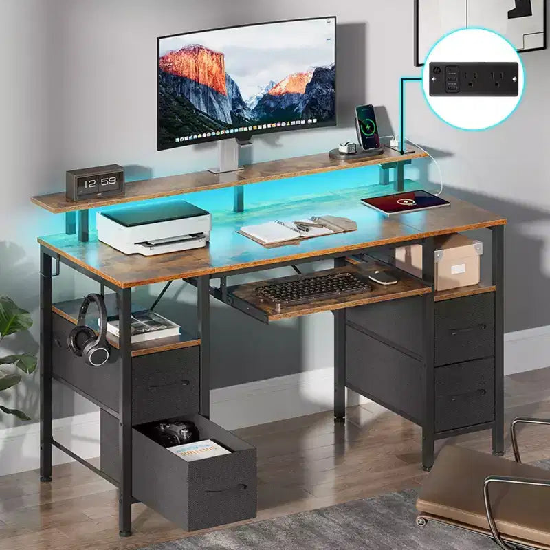 Greenstell Computer Desk with Monitor Shelf, Led Light & Charging Station, Home Office Desk with 4 Storage Drawers & Keyboard Tray