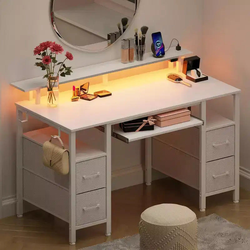 Greenstell Computer Desk with Monitor Shelf, Led Light & Charging Station, Home Office Desk with 4 Storage Drawers & Keyboard Tray