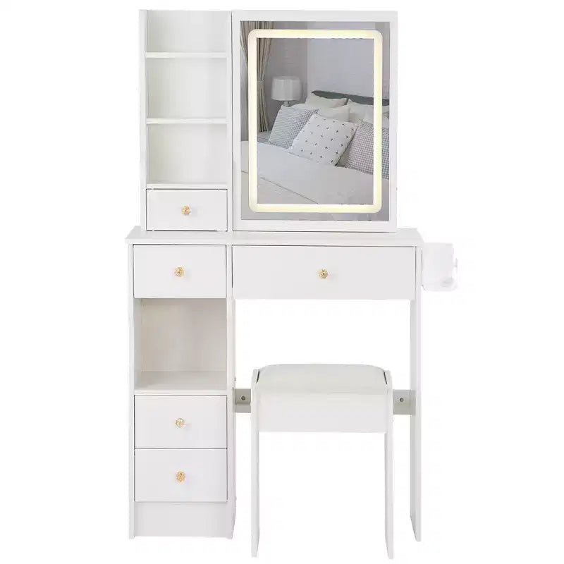 Vanity Table Set with Outlets, LED Mirror with 3-Color Adjustable Lights, 5 Drawers, and Padded Stool for Bedroom.