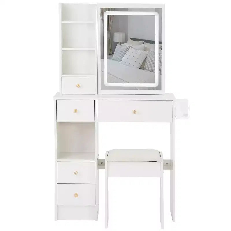 Vanity Table Set with Outlets, LED Mirror with 3-Color Adjustable Lights, 5 Drawers, and Padded Stool for Bedroom.