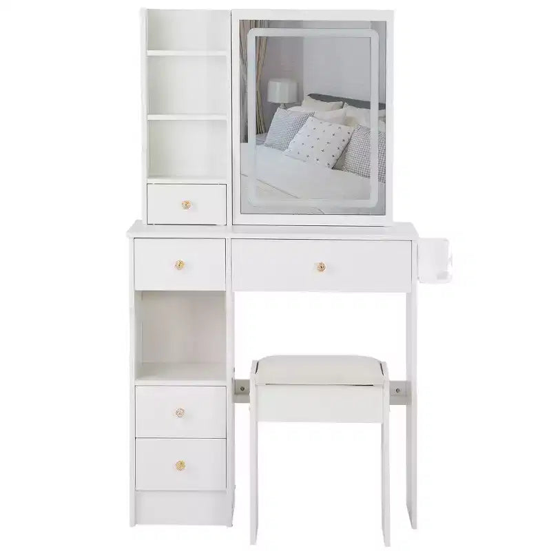 Vanity Table Set with Outlets, LED Mirror with 3-Color Adjustable Lights, 5 Drawers, and Padded Stool for Bedroom.