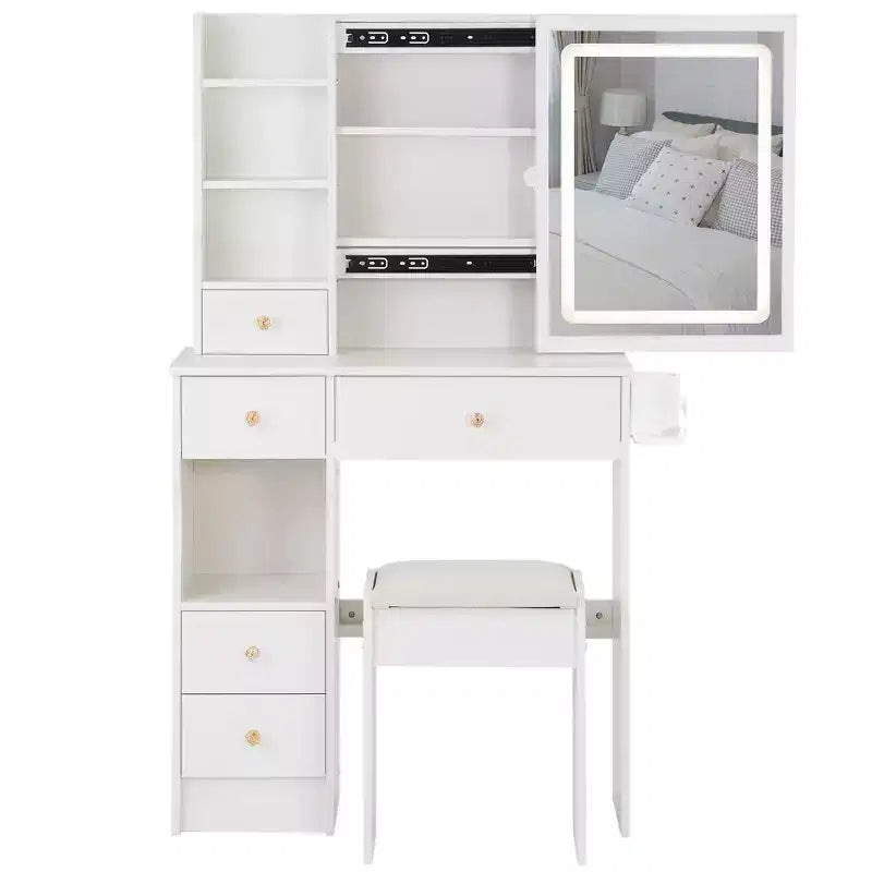 Vanity Table Set with Outlets, LED Mirror with 3-Color Adjustable Lights, 5 Drawers, and Padded Stool for Bedroom.