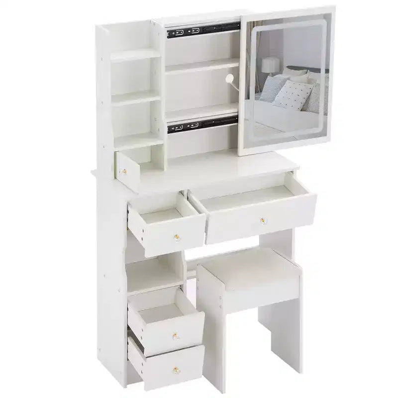 Vanity Table Set with Outlets, LED Mirror with 3-Color Adjustable Lights, 5 Drawers, and Padded Stool for Bedroom.