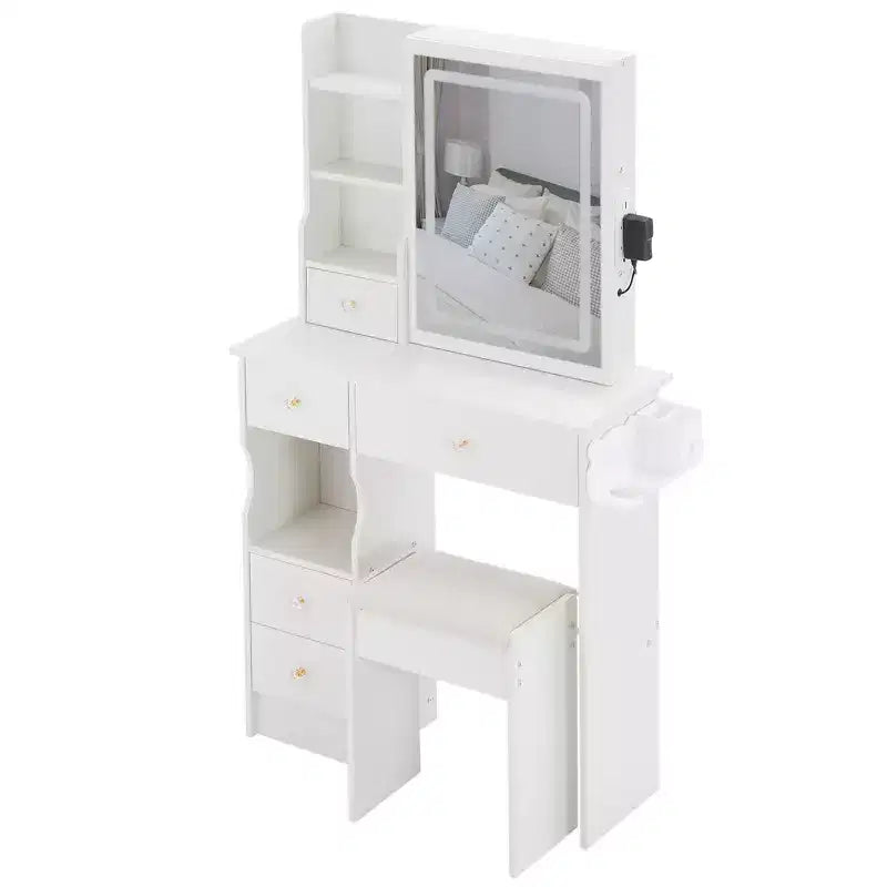Vanity Table Set with Outlets, LED Mirror with 3-Color Adjustable Lights, 5 Drawers, and Padded Stool for Bedroom.