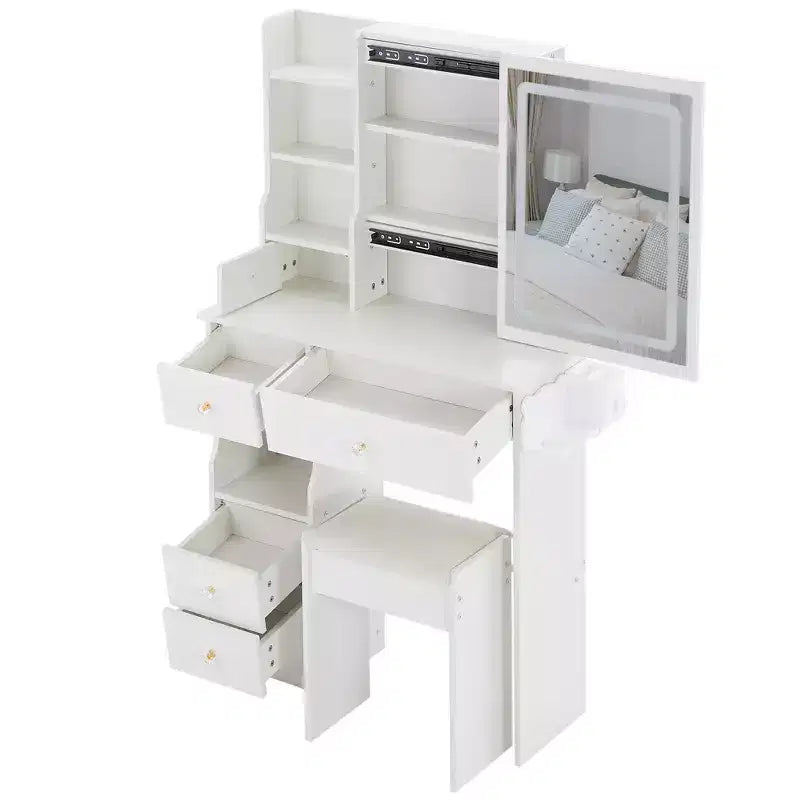 Vanity Table Set with Outlets, LED Mirror with 3-Color Adjustable Lights, 5 Drawers, and Padded Stool for Bedroom.