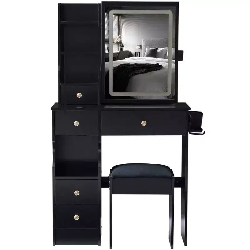 Vanity Table Set with Outlets, LED Mirror with 3-Color Adjustable Lights, 5 Drawers, and Padded Stool for Bedroom.