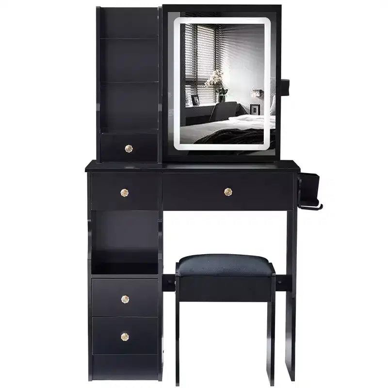 Vanity Table Set with Outlets, LED Mirror with 3-Color Adjustable Lights, 5 Drawers, and Padded Stool for Bedroom.