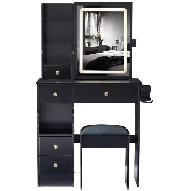 Vanity Table Set with Outlets, LED Mirror with 3-Color Adjustable Lights, 5 Drawers, and Padded Stool for Bedroom.