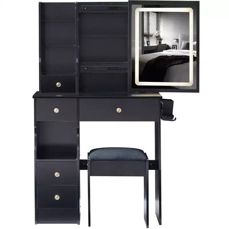 Vanity Table Set with Outlets, LED Mirror with 3-Color Adjustable Lights, 5 Drawers, and Padded Stool for Bedroom.