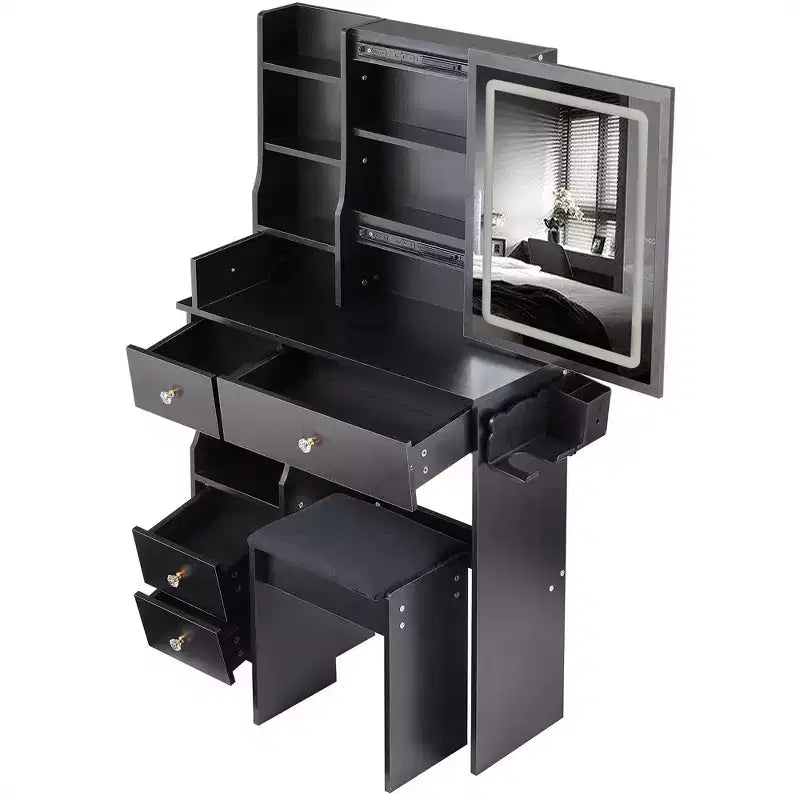 Vanity Table Set with Outlets, LED Mirror with 3-Color Adjustable Lights, 5 Drawers, and Padded Stool for Bedroom.