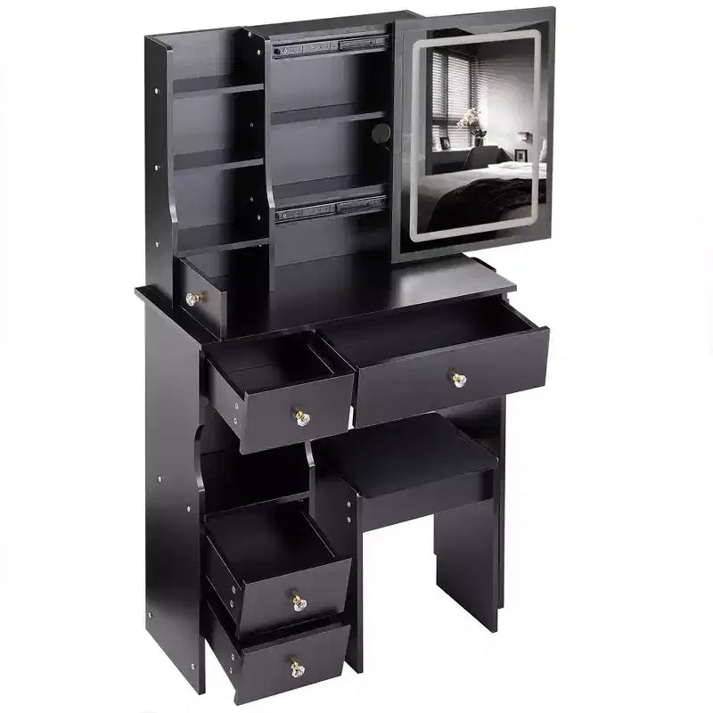 Vanity Table Set with Outlets, LED Mirror with 3-Color Adjustable Lights, 5 Drawers, and Padded Stool for Bedroom.