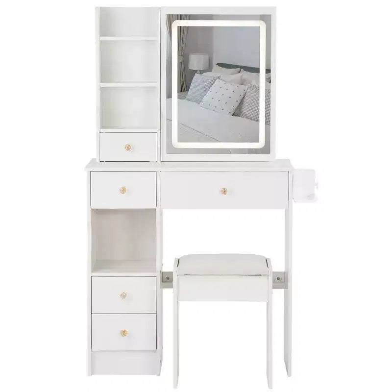 Vanity Table Set with Outlets, LED Mirror with 3-Color Adjustable Lights, 5 Drawers, and Padded Stool for Bedroom.