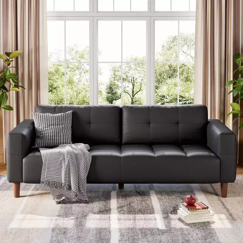 GustoWave Modern 83 Faux Leather 3-Seater Couch with Spring Cushion, Living Room Deep Seats Sofa with 2 Removable Back Cushions