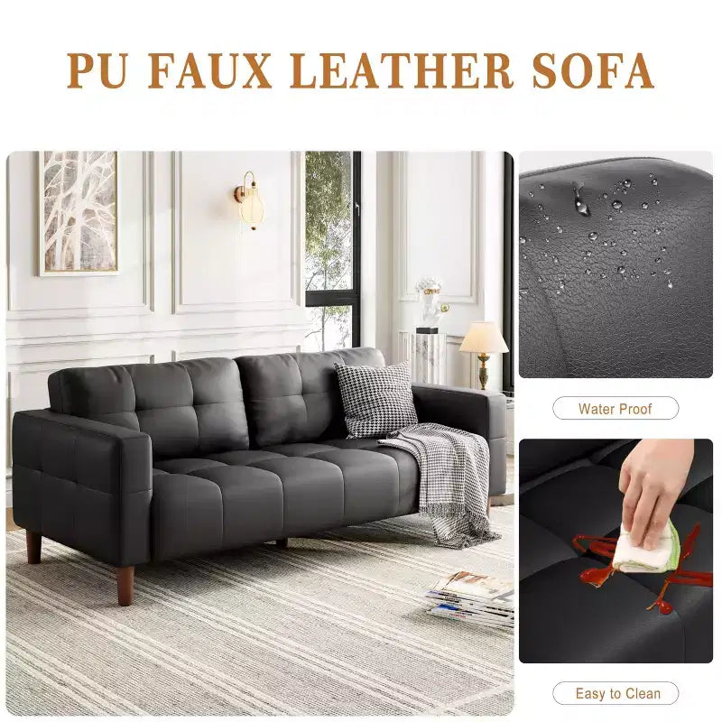 GustoWave Modern 83 Faux Leather 3-Seater Couch with Spring Cushion, Living Room Deep Seats Sofa with 2 Removable Back Cushions