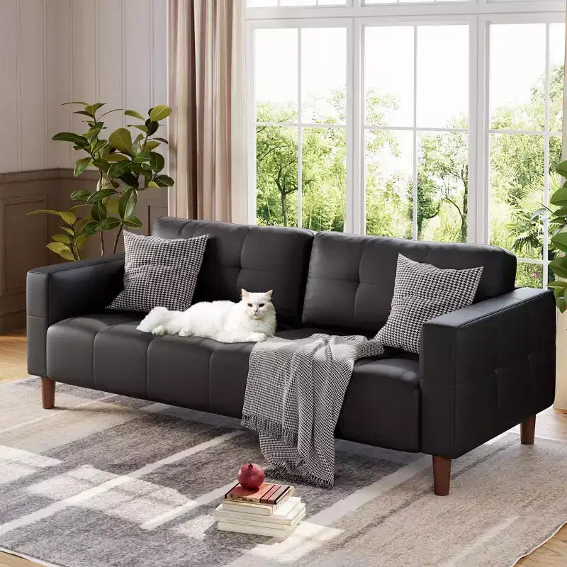 GustoWave Modern 83 Faux Leather 3-Seater Couch with Spring Cushion, Living Room Deep Seats Sofa with 2 Removable Back Cushions