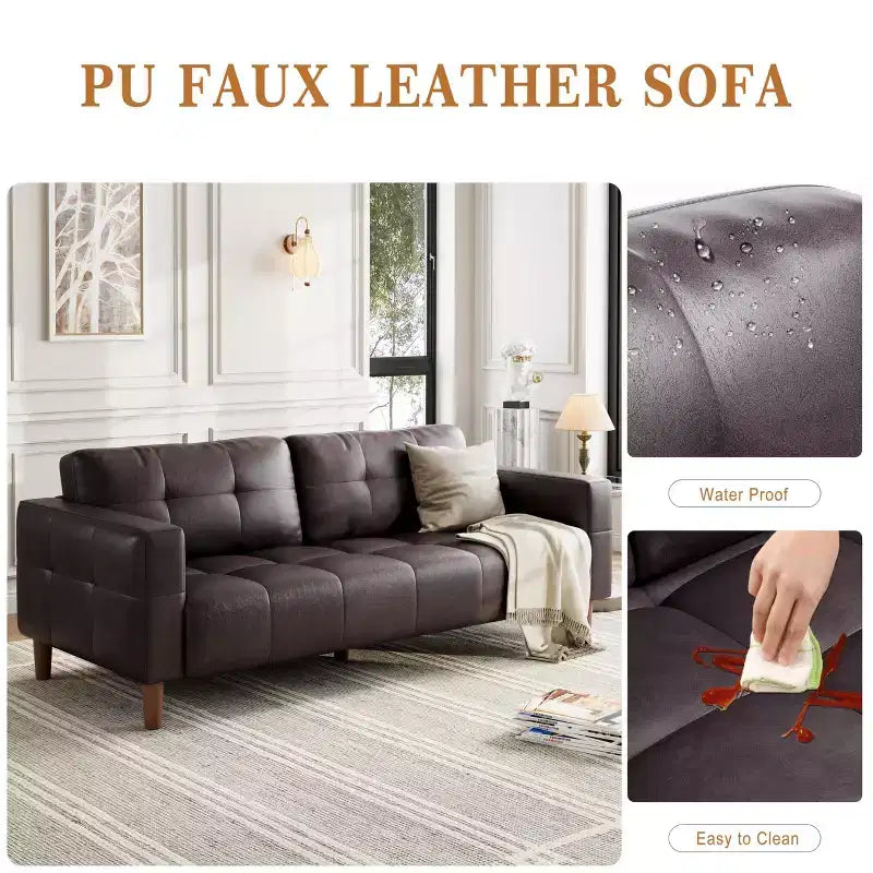 GustoWave Modern 83 Faux Leather 3-Seater Couch with Spring Cushion, Living Room Deep Seats Sofa with 2 Removable Back Cushions