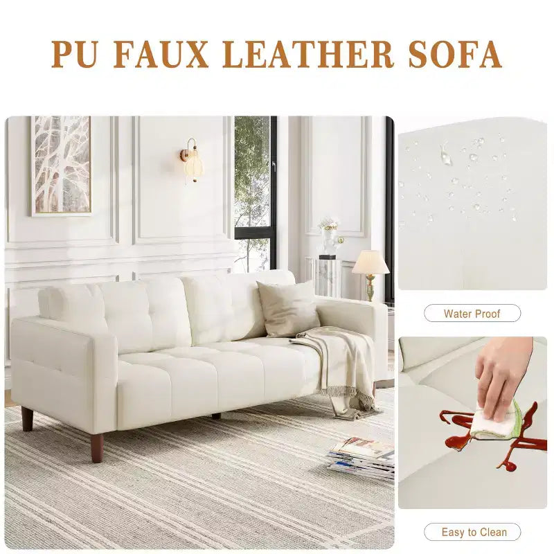 GustoWave Modern 83 Faux Leather 3-Seater Couch with Spring Cushion, Living Room Deep Seats Sofa with 2 Removable Back Cushions