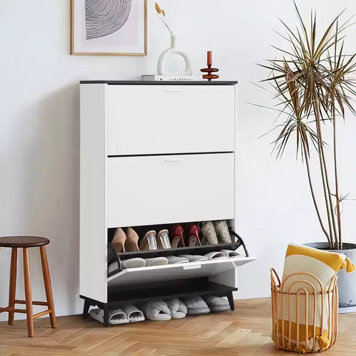 3 Flip Drawers Modern Shoe Storage Cabinet , Slim Wooden Shoe Organizer for Hallways, Closets, Apartments, Easy to Assemble