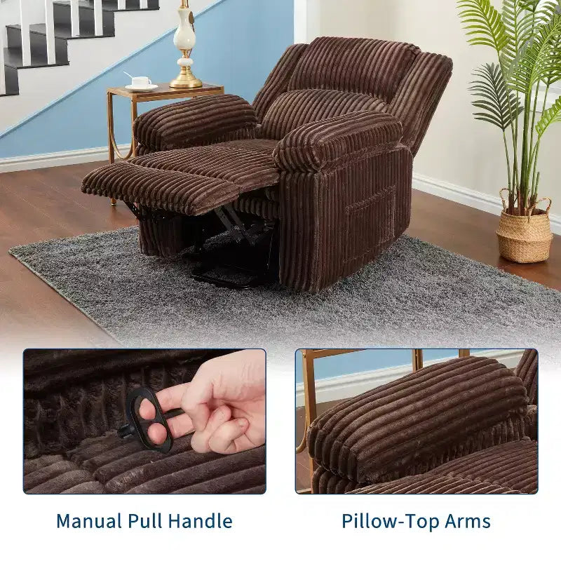 Manual Recliner Sofa, Corduroy Recliner Chair, Adjustable Recliner, Pillow Top Arms, Thick Padding, 400LBS Capacity, for Bedroom, Home Theater