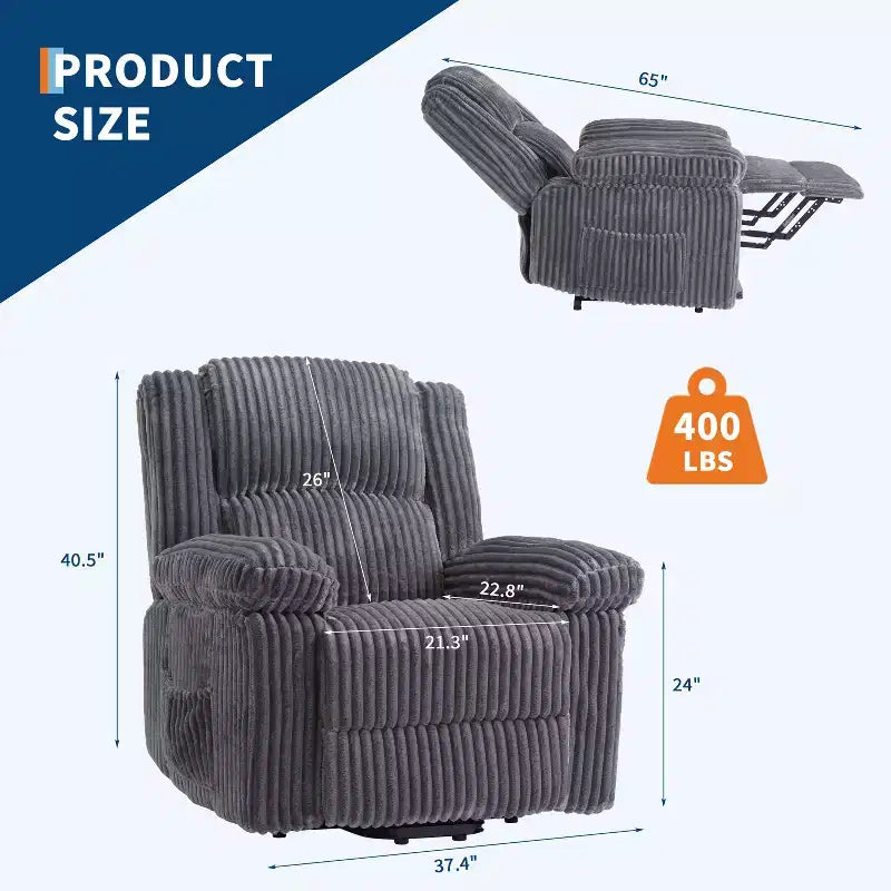 Manual Recliner Sofa, Corduroy Recliner Chair, Adjustable Recliner, Pillow Top Arms, Thick Padding, 400LBS Capacity, for Bedroom, Home Theater