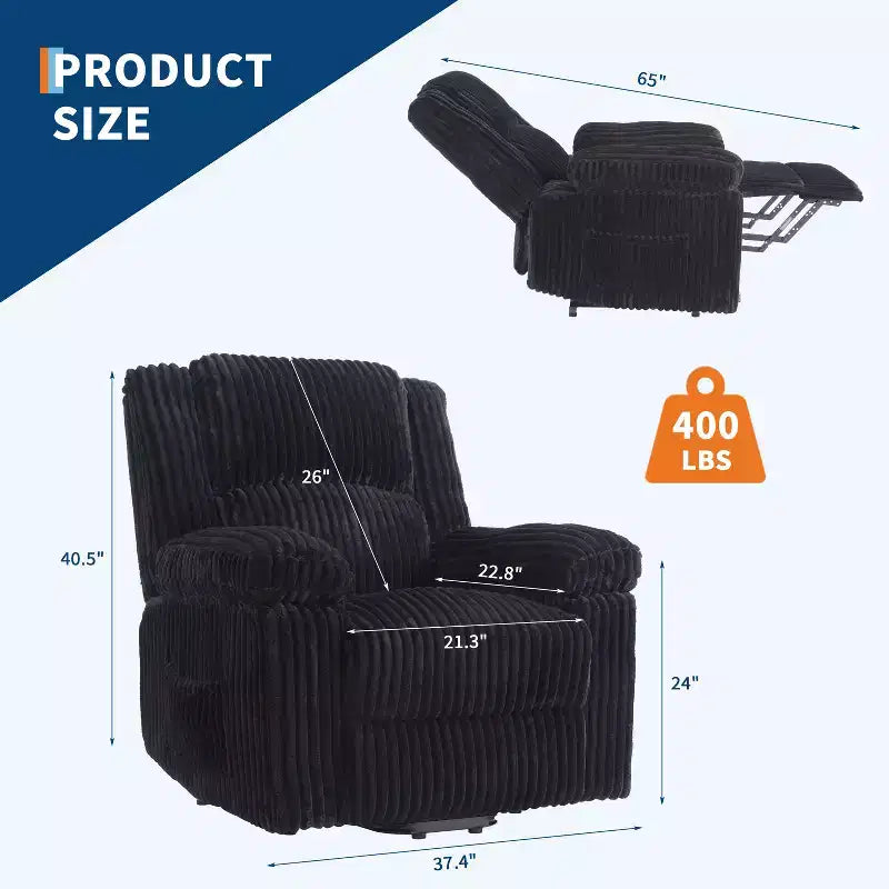 Manual Recliner Sofa, Corduroy Recliner Chair, Adjustable Recliner, Pillow Top Arms, Thick Padding, 400LBS Capacity, for Bedroom, Home Theater