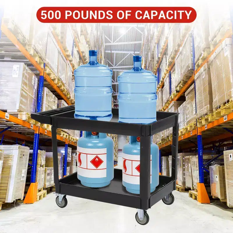 Cart, Multi-purpose Service Cart, 2-Tier Plastic Rolling Utility Cart with 360 Swivel Wheels, 500-pound Heavy Duty for Kitchen, Warehouse, Garage