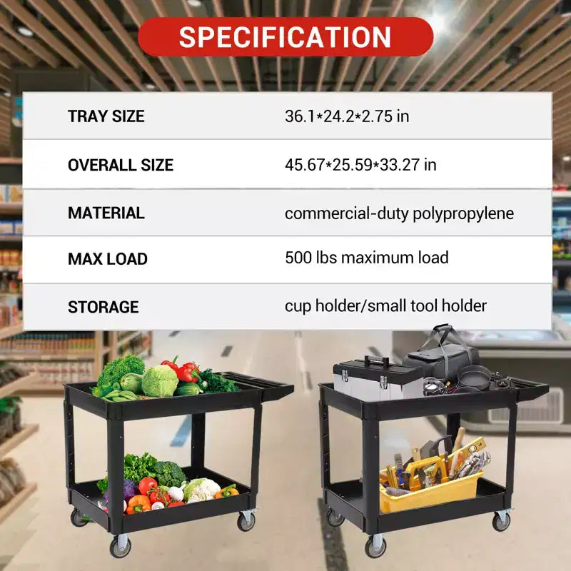 Cart, Multi-purpose Service Cart, 2-Tier Plastic Rolling Utility Cart with 360 Swivel Wheels, 500-pound Heavy Duty for Kitchen, Warehouse, Garage